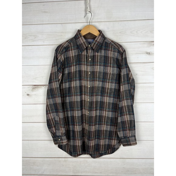 Vintage Pendleton Shirt Mens Medium Wool Plaid Flannel Brown Blue Made USA 90s - Picture 1 of 8